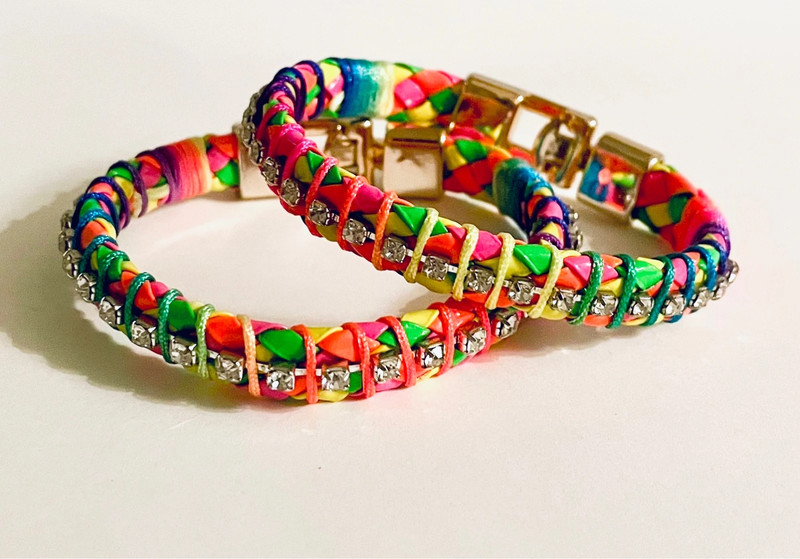 Set of 2 Multicolor Neon Braided/Woven Faux Leather Latch Bracelets NWOT.l 1