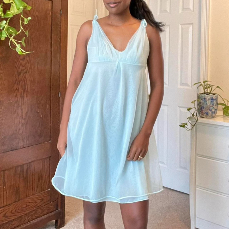 Vintage 70s lingerie chiffon baby blue babydoll slip dress 1