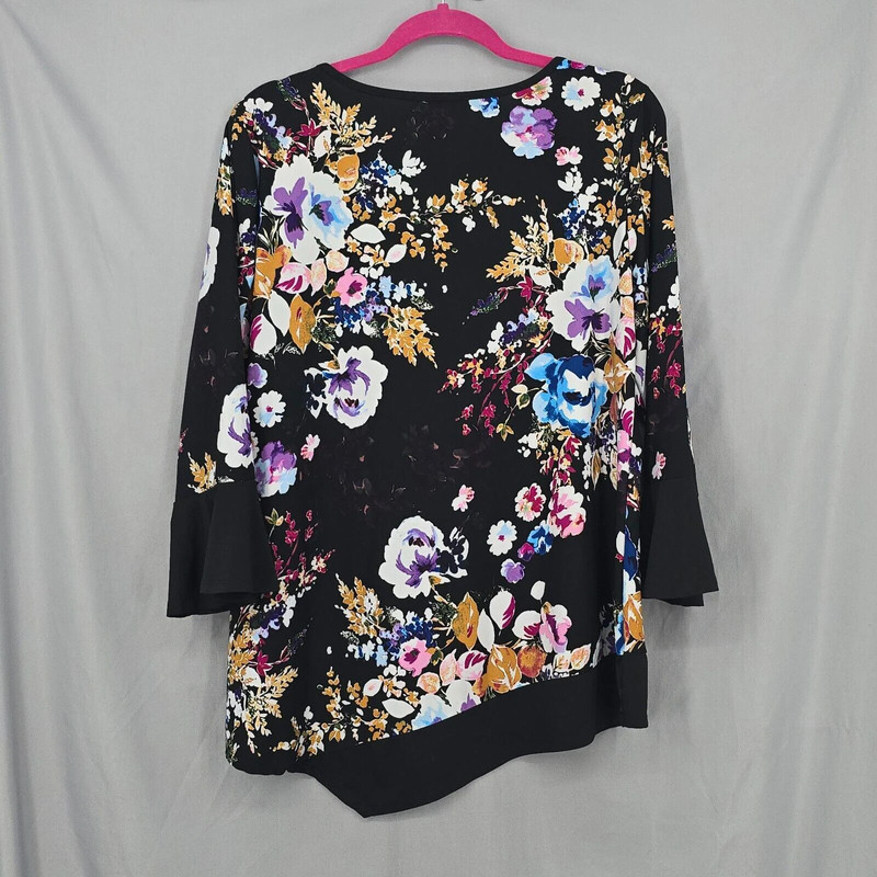 Melissa Paige Womens Blouse Large Black Multicolor Floral Pullover Tunic Bell Sl 3