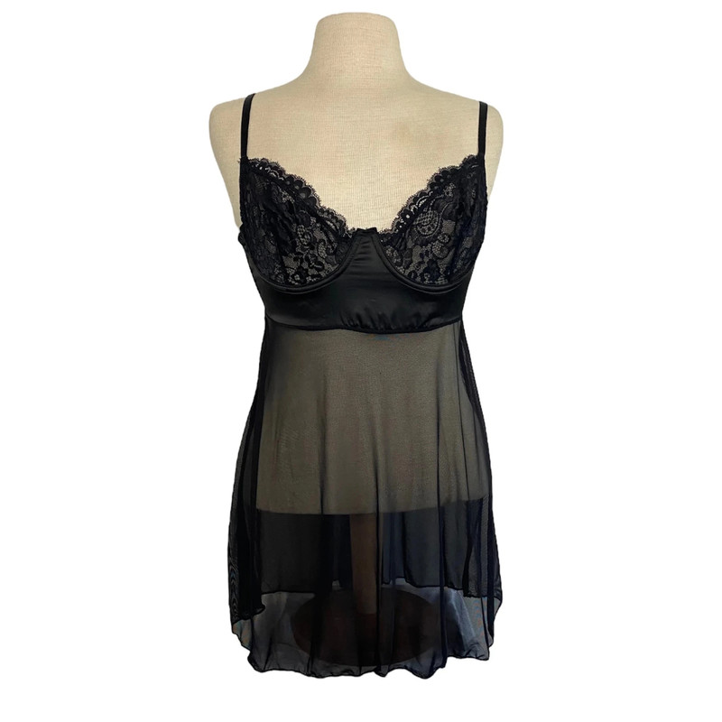 Black lace satin balconette semi sheer lingerie mini slip dress / cami ...