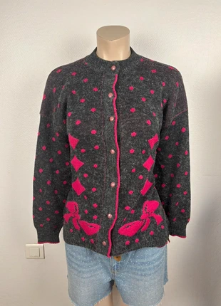 Vintage Pink Bow Acrylic Knit – Retro Cardigan L / Cardigan vintage gris à nœuds roses, brand: Vintage Dressing, condition: Very good, size: S / 36 / 8, €17.90, €19.50 includes Buyer Protection
