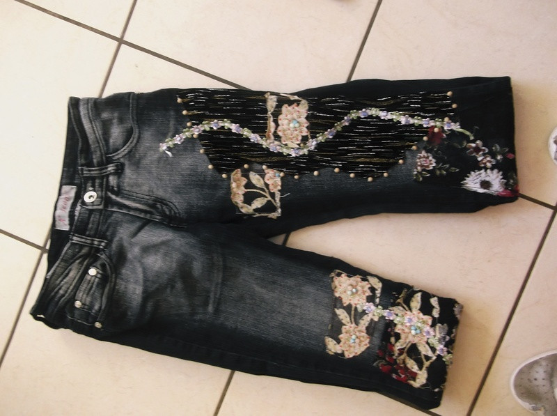 pantalon a+jeans, patchwork, velours et petites fleurs 2