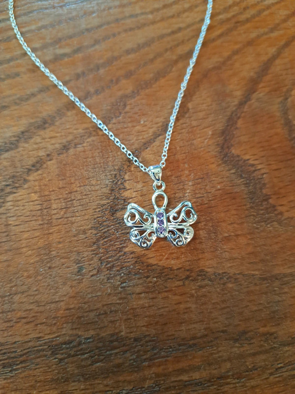 Small sterling silver plated butterfly necklace with purple rhinestones 3