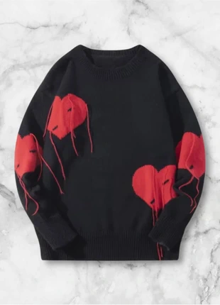 Pull noir graphique avec motifs cœurs rouges taille M style streetwear Y2K vintage, marque: y2k, état: Très bon état, taille: M, 35,00 €, 37,45 € Protection acheteurs (Pro) incluse