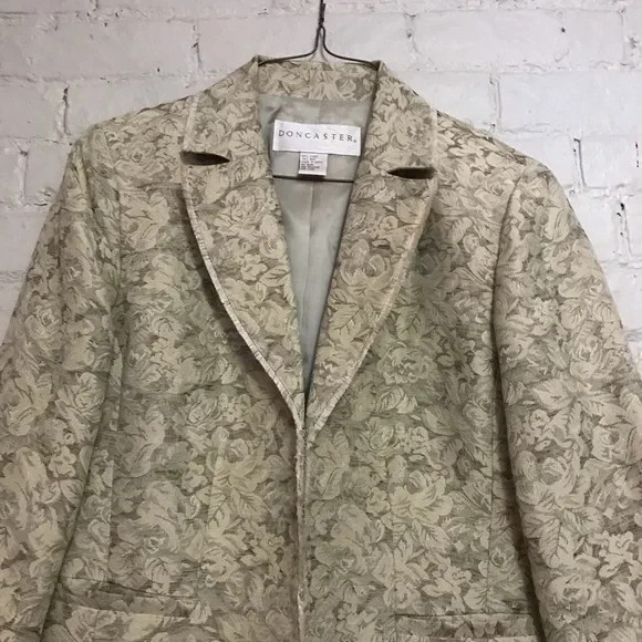 Doncaster 14 Linen Silk Floral Tan Tapestry Frayed Long Sleeve Blazer Jacket 2