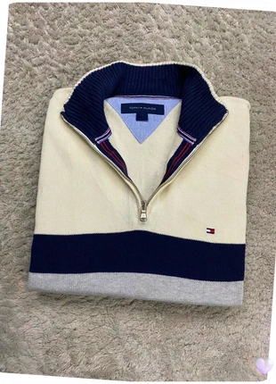 Pull camionneur ¼ zip Tommy Hilfiger Homme marinière blanc bleu marine gris / Taille L - T70, merk: Tommy Hilfiger, staat: Heel goed, maat: L, € 32,00, € 34,30 inclusief Kopersbescherming
