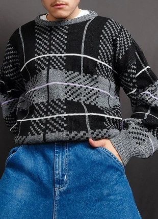 Pull Vintage 80s Boxy Fit en Maille Gris / Noir à Motifs Imprimé Quadrillage (L), brand: Vintage Dressing, condition: Very good, size: L, €22.00, €23.80 includes Buyer Protection Pro