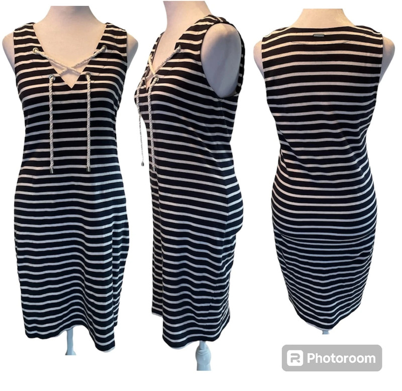 Nautica Navy Blue & White Striped Sleeveless Above the Knee V-Neck Dress Size XS 1