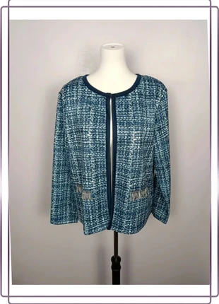 Veste bleu marine chiné tweed synthétique Laure de Seine poches frangées taille 42/44, marca: Laure de Seine, estado: Muito bom, tamanho: XL / 42 / 14, €9.00, €10.15 inclui Proteção do Comprador