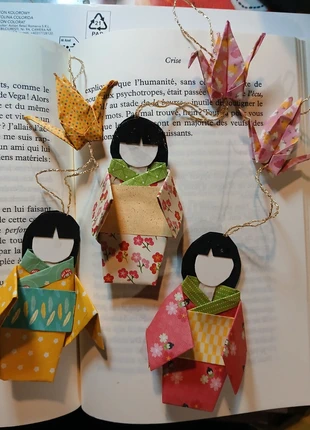 Lot de trois marques pages kokeshis avec grue en origami, marca: Origami, estado: Nuevo con etiquetas, 15,00 €, 16,45 € Protección al comprador incluida
