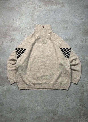 Vintage Beige Knit Half-Zip Sweater Checkered Shoulder Detail 90s Retro Checkerboard, marque: Vintage Dressing, état: Très bon état, taille: M, 34,95 €, 37,40 € Protection acheteurs incluse