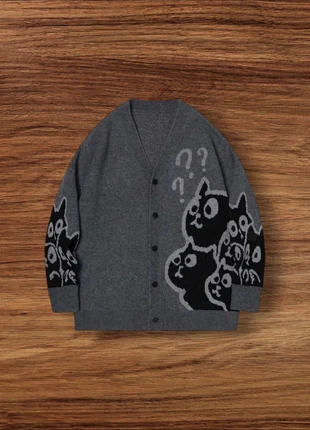 Cardigan Col V Y2K Motifs Chat Noir Gris Taille L - Américain Old School USA 90s Streetwear, marque: Aesthetic, état: Très bon état, taille: L, 59,90 €, 63,60 € Protection acheteurs incluse