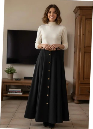 Jupe longue noire évasée boutonnée, avec ceinture camel chic, état: Très bon état, taille: M / 38 / 10, 39,90 €, 42,60 € Protection acheteurs (Pro) incluse