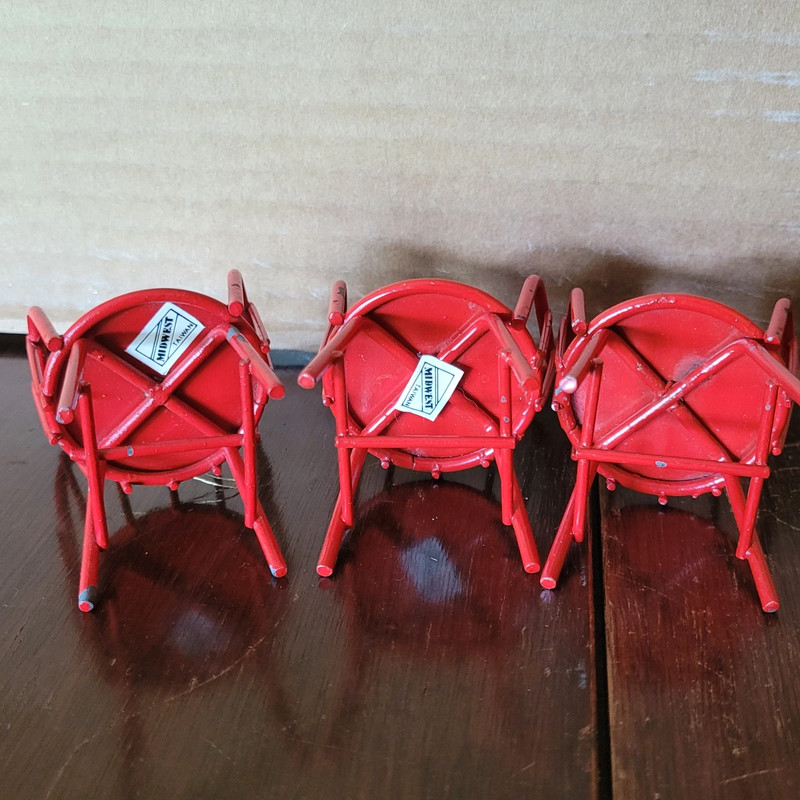 Vintage Midwest Taiwan Christmas Red Metal Lot Of 3 Doll Chair Furniture 5