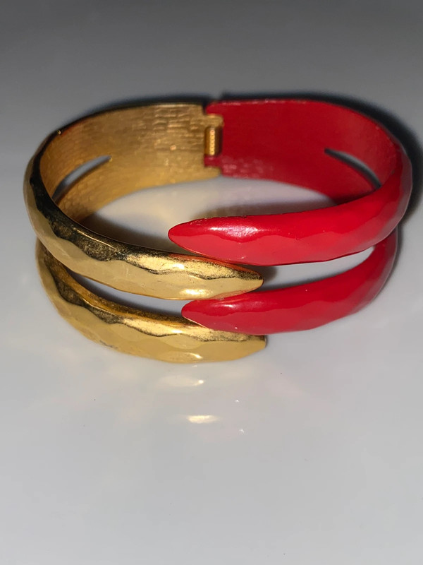 Vintage goldtone metal & red enamel hinge bracelet 5