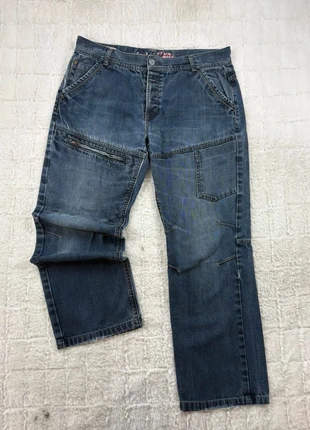 Jean cargo en denim bleu Inner avec multiples poches - W42 L32, merk: Vintage Dressing, staat: Heel goed, maat: W42 | FR 52, € 21,80, € 23,59 inclusief Kopersbescherming Pro