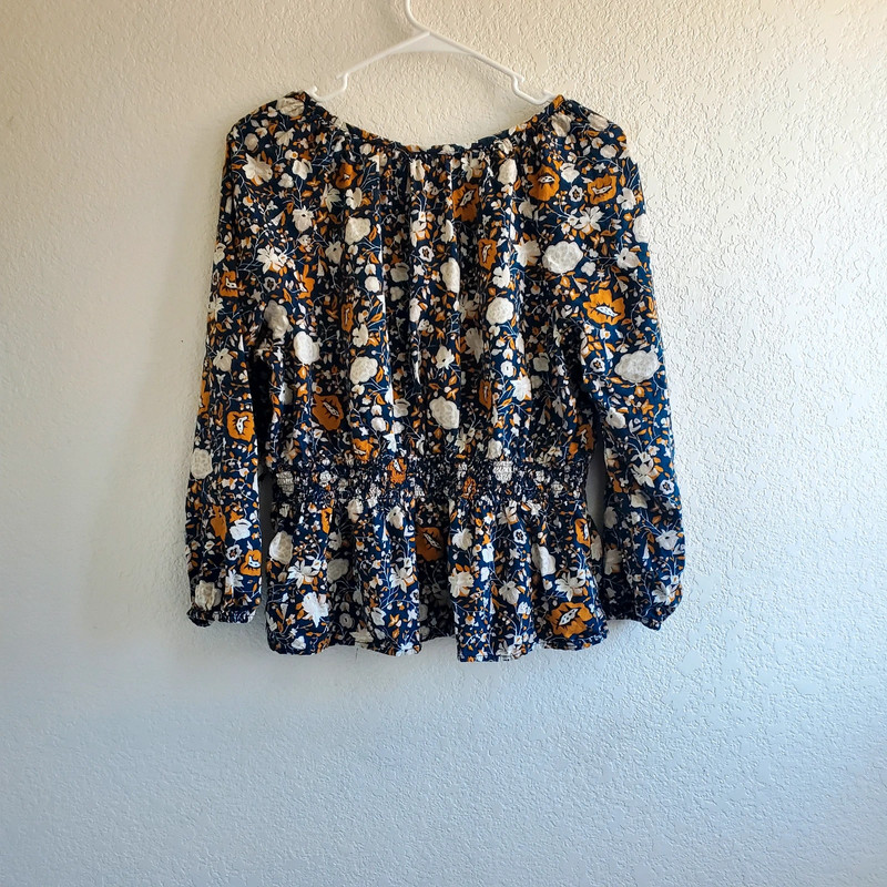 Universal Thread Women Blue Gold Floral Peplum Blouse Top Large 2