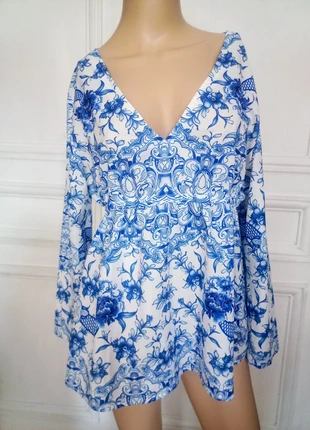 Blouse romantique et chic blanche à motifs bleu 38/40, condizioni: Ottime, taglia: L / IT 44 / EU 40, €5.00, €5.95 include la Protezione acquisti Pro