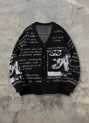 Cardigan noir imprimé texte et motif pixel, état: Très bon état, taille: M, 59,90 €, 63,60 € Protection acheteurs incluse