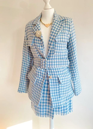 Veste de blazer en tweed à carreaux bleus clairs, marke: COQUETTE, zustand: Sehr gut, größe: S / 36 / 8, 14,90 €, 16,35 € beinhaltet Vinted-Käuferschutz Pro