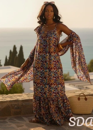 Chic robe longue en satin de soie avec son foulard motifs africains, brand: Africa, condizioni: Ottime, taglia: L / IT 44 / EU 40, €54.00, €57.40 include la Protezione acquisti Pro