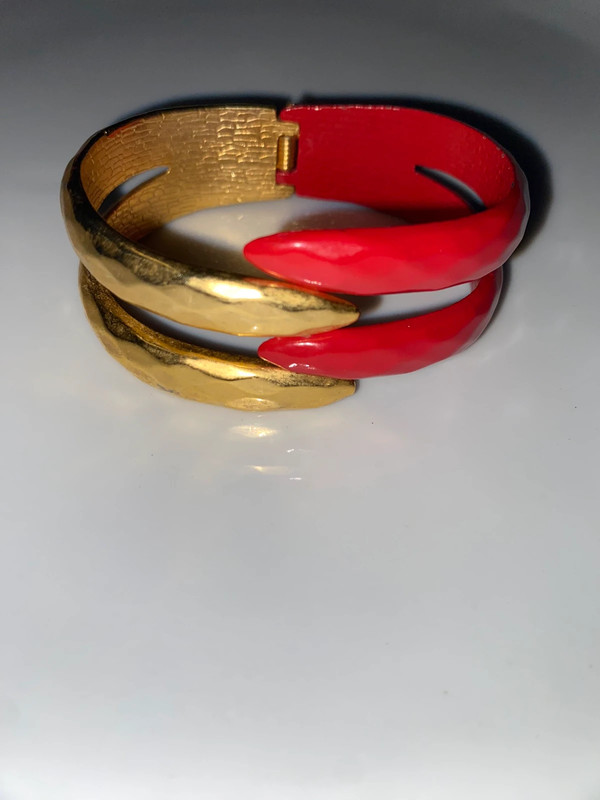 Vintage goldtone metal & red enamel hinge bracelet 3