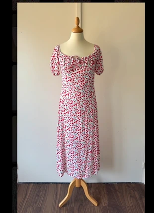 Vintage Cherry Print Dress Midi 36 off shoulder Red White Romantic Feminine - Summer Off Shoulder, merk: Vintage Dressing, staat: Heel goed, maat: S / 36 / 8, € 39,00, € 41,65 inclusief Kopersbescherming Pro