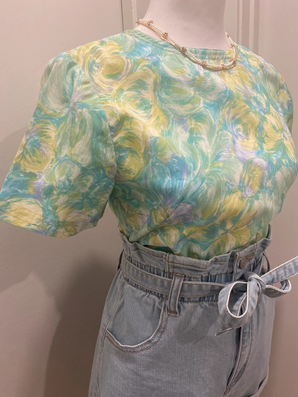 VTG 80s Light Green & Blue Watercolor Floral Patterned Blouse Top - M 4