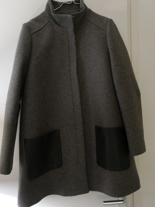 Zapa manteau gris poches en cuir noir 1