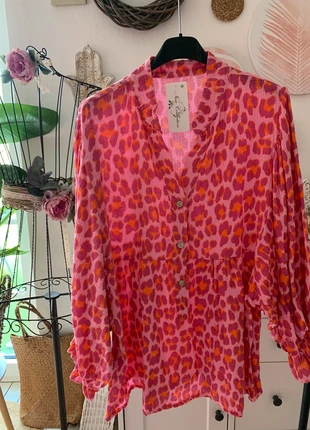 Musselinbluse Musselinhemd Leoprint pink Ibiza Blogger Hippie Boho Sommer, merk: Blogger, staat: Heel goed, maat: Universele maat, € 35,00, € 37,45 inclusief Kopersbescherming