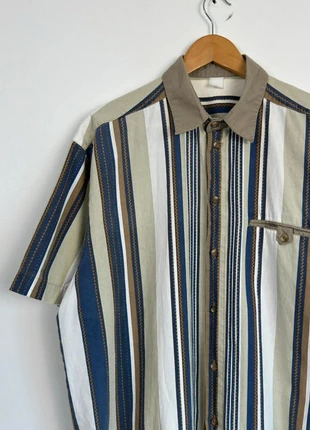 Navy white khaki retro striped short sleeve button shirt, brand: Vintage Dressing, condition: Very good, size: XL, £16.20, £17.71 includes Buyer Protection Pro