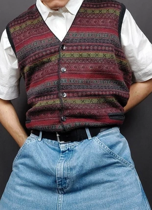 Cardigan / Gilet sans Manches Vintage 80s en Maille Multicolore Bordeau à Motif Imprimé (M), marca: Vintage Dressing, estado: Muito bom, tamanho: M, €20.00, €21.70 inclui Proteção do Comprador Pro