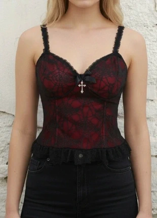 Top décolleté chic bordeaux avec dentelle noire taille M38 style rétro Y2K, marque: noctura, état: Très bon état, taille: M / 38 / 10, 24,90 €, 26,85 € Protection acheteurs incluse