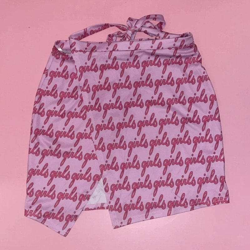 SHEIN “girls” Allover Letter Print Asymmetrical Hem Waist Tie Skirt 1