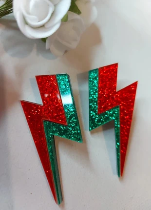 Boucles d'oreilles pendantes éclairs micropailletés vert sapin et rouge, brand: vintage kawai, condizioni: Ottime, €7.90, €9.00 include la Protezione acquisti
