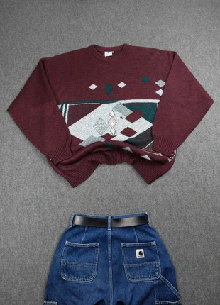 Pull Ethnic Vintage 80s en Maille Bordeau / Multicolore à Motifs Imprimé et Brodé Aztèque (L), marque: Vintage Dressing, état: Bon état, taille: L, 16,00 €, 17,50 € Protection acheteurs (Pro) incluse