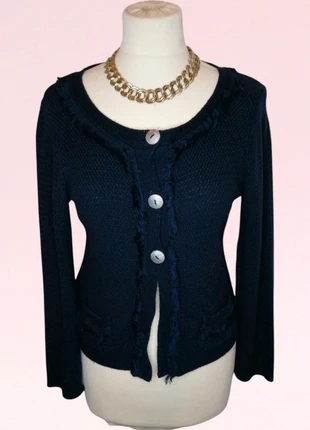 Gilet DPM bleu marine T2 – Maille à franges & boutons argent | Knit cardigan | Strickjacke, brand: DPM By Depech Mod, condition: Very good, size: L / 40 / 12, €8.00, €9.10 includes Buyer Protection