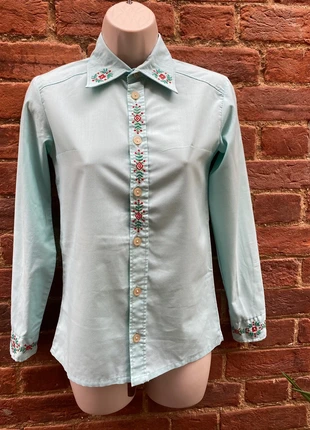 Vintage 70s Pale Blue Embroidered Shirt 6 8 Christmas Festive, brand: Vintage, condition: Very good, size: XS / 6, £22.00, £23.80 includes Buyer Protection Pro