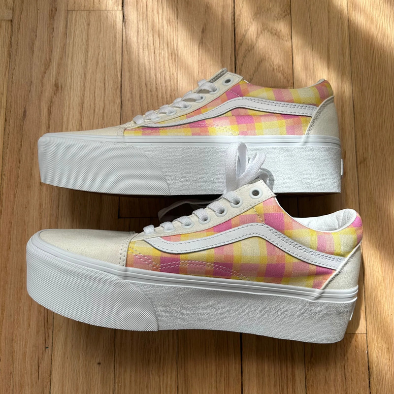 NWOT Vans platform pink yellow plaid women’s size 8 canvas 2