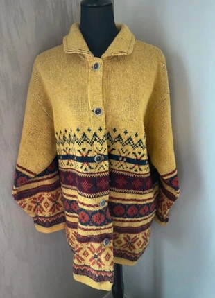 Vintage Nordic Jacquard Wool Cardigan Mustard Multicolor XL, merk: Vintage Dressing, staat: Heel goed, maat: XL / 42 / 14, € 16,95, € 18,50 inclusief Kopersbescherming Pro