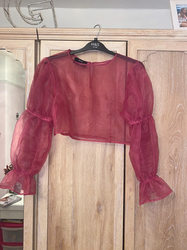 Bershka pink see through top with puff sleeves | Vinted