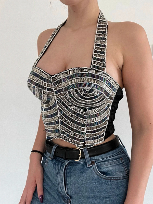 Real vintage sexy black crop top with beads   3