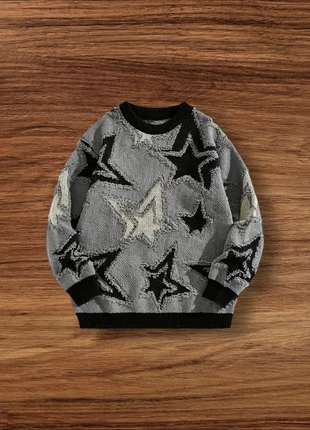 Pull Vintage Y2K Motifs Étoiles Gris Noir Taille M - Américain Old School USA 90s Streetwear, brand: Aesthetic, condition: Very good, size: M, €49.90, €53.10 includes Buyer Protection