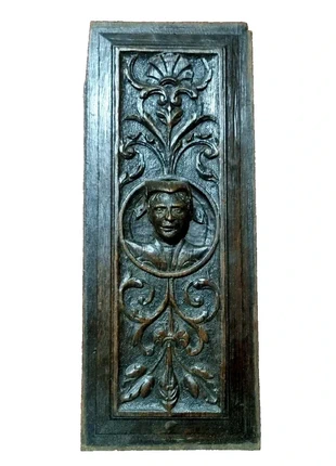 Antique 17th c French Carved Oak Panel – Woman’s Portrait Mascaron – Scrollwork & Fleur-de-Lis, condition: Good, €99.00, €104.65 includes Buyer Protection Pro