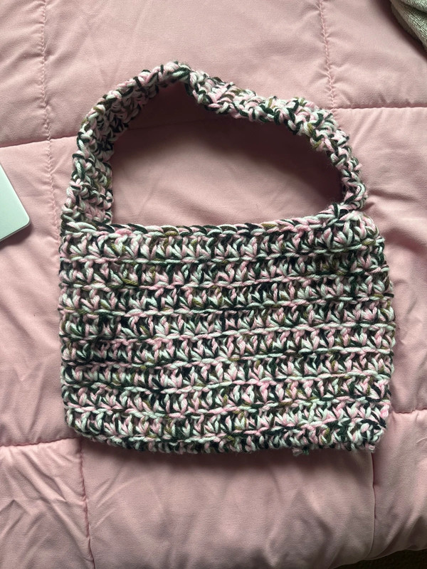 pink green and white handmade crochet bag 1