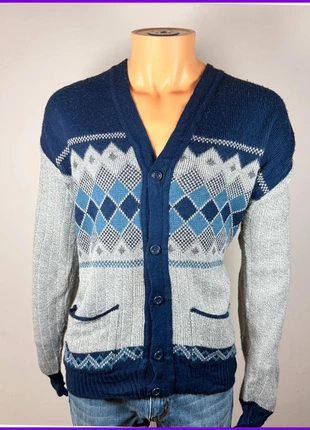 Vintage blue argyle cardigan for men, warm British style, size XL, merk: Vintage Dressing, staat: Heel goed, maat: XL, € 16,90, € 18,45 inclusief Kopersbescherming
