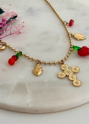 Collier doré avec breloques croix, cœur sacré, fruité et Vierge Marie - Acier Inoxydable, marca: Boutique Parisienne, estado: Muy bueno, 25,00 €, 26,95 € Protección al comprador Pro incluida