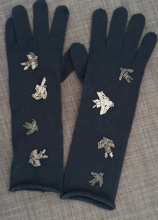 Gants en laine bleu marine brodée de perles argentées et oiseaux & Other Stories, marque: & Other Stories, état: Très bon état, taille: Taille unique, 24,00 €, 25,90 € Protection acheteurs incluse