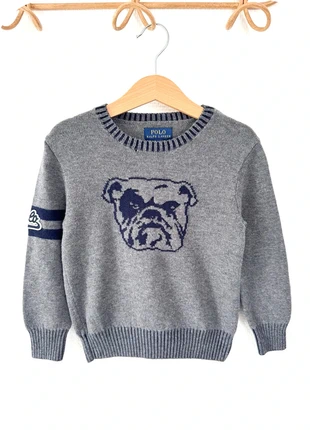 Pull  Ralph Lauren gris – laine mérinos & coton – motif bouledogue Taille 4 ans, brand: Ralph Lauren, condition: Very good, size: 4 years / 104 cm, €38.00, €40.60 includes Buyer Protection Pro
