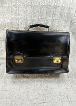 Cartable serviette en cuir noir vintage avec poignée rigide et fermoirs métalliques dorés, brand: Vintage Dressing, condition: Very good, €24.90, €26.85 includes Buyer Protection Pro